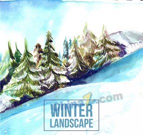 水彩绘冬季雪山松林风景矢量